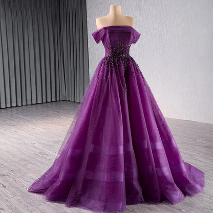 Elegant Purple Off Shoulder A-line Evening Formal Beaded Dresses