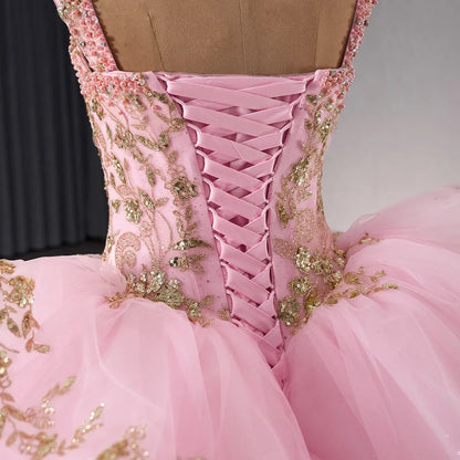 Light Pink Sleeveless Sparkle Quinceañera Dress with Gold Lace 241090