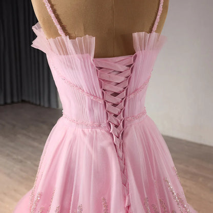 Chic Ruffles Beading Pleats A-line Pink Evening Formal Party Dresses