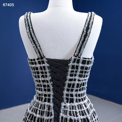 Silver Beaded Black Prom Dresses V-neck 67405