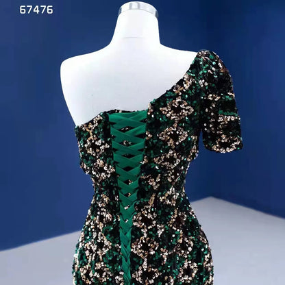 Green Sequin Mermaid Prom Dress One Shoulder Sleeve Evening Dress 67476