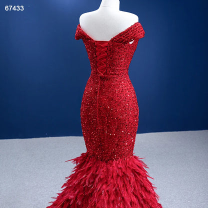 Sparkly Red Feather Formal Gown Sequin Prom Pageant Dress 67433