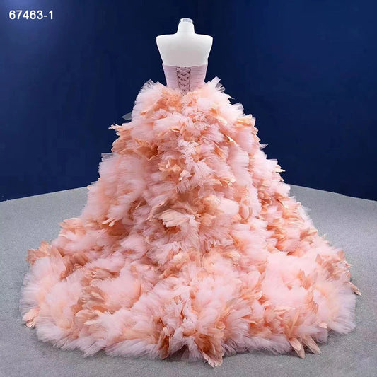 Blush Pink Ruffled Wedding Dress Vintage Strapless Ball Gown 67463