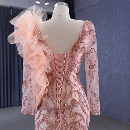 Btydress Light Orange Deep-V Ruffle Long Sleeve Sequins Evening Party Mermaid Gowns Dresses 222146