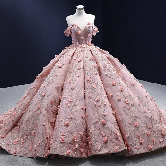 Btydress Flower Pink Off Shoulder Ball Gown Sweetheart Evening Women Dress 222160