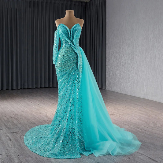 Off the Shoulder One Sleeve Beaded Sequince Mermaid Dress 241073