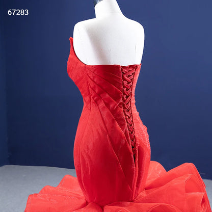Strapless Red Mermaid Wedding Dresses Ruffled Rosette Pageant Gown 67283