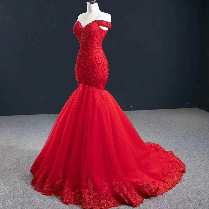 Btydress Red Beaded Lace Red Off Shoulder Mermaid Evening Party Dresses 67150