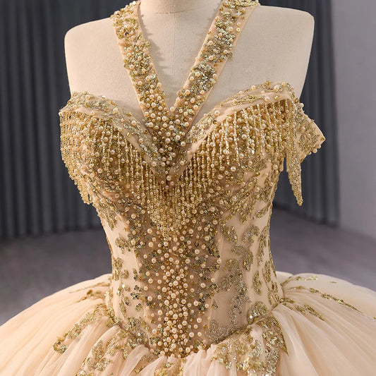 Luxury Golden Lace Long Tail Quinceanera Party Prom Dresses