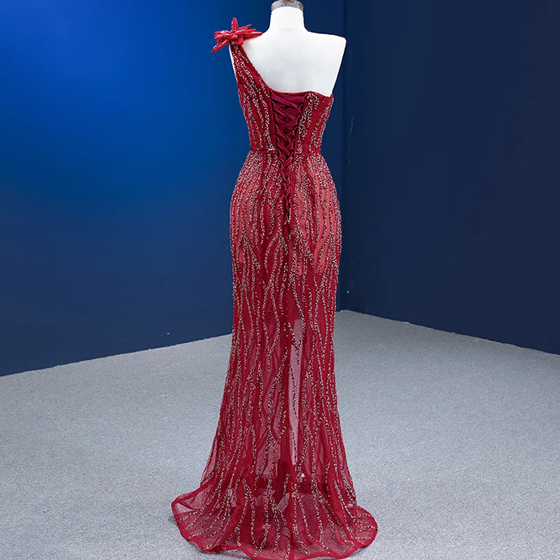 Btydress Sequiuns One Shoulder Party Prom burgandy Mermaid Evening Dresses 222179