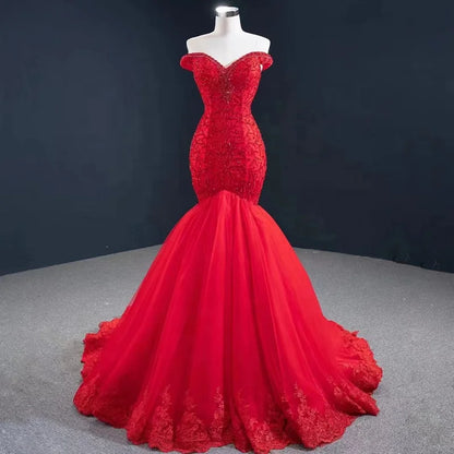 Btydress Red Beaded Lace Red Off Shoulder Mermaid Evening Party Dresses 67150
