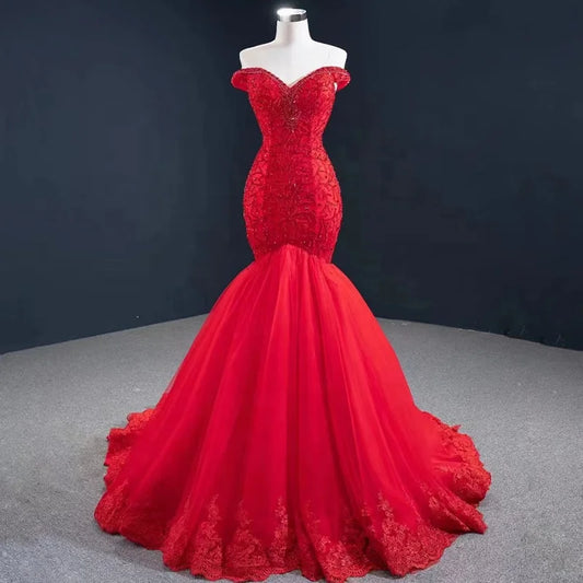 Btydress Red Beaded Lace Red Off Shoulder Mermaid Evening Party Dresses 67150