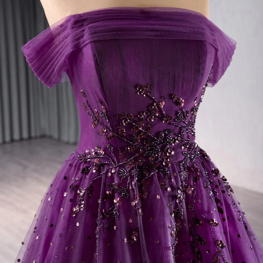 Elegant Purple Off Shoulder A-line Evening Formal Beaded Dresses