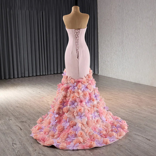 Chic Pink Handmade 3d Flower Mermaid Evening Party Gowns