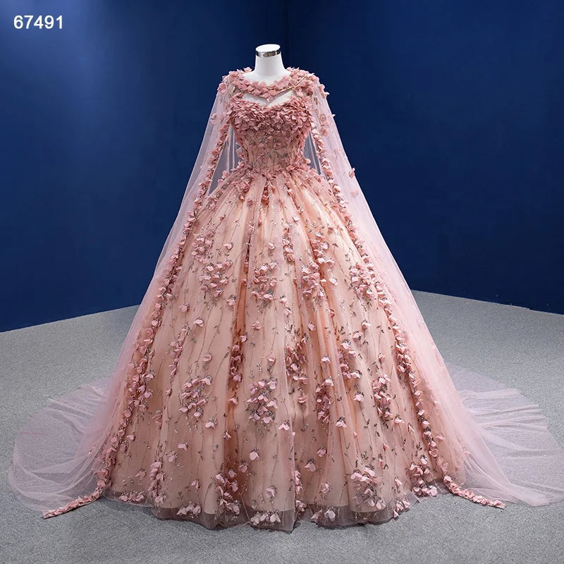 3D Flower Pink Sweet 16 Dress with Cape Vintage Ball Gown 67491