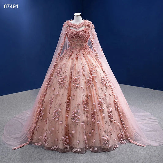 3D Flower Pink Sweet 16 Dress with Cape Vintage Ball Gown 67491