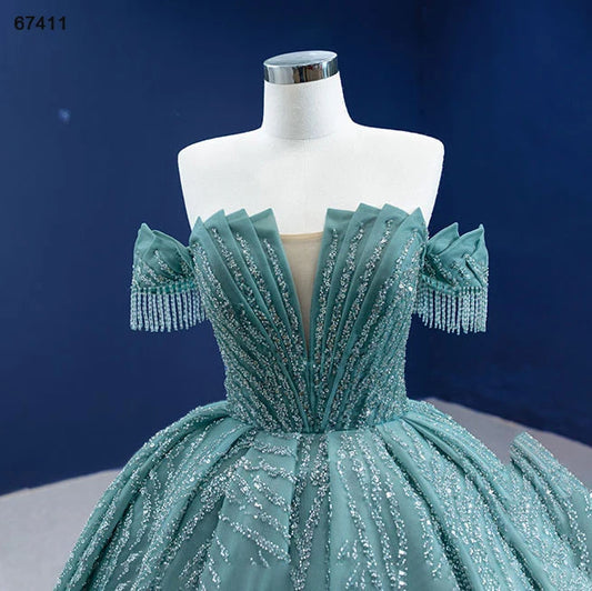 Btydress Luxury Green Long Train V-neck Off the Shoulder Evening Dresses 67411