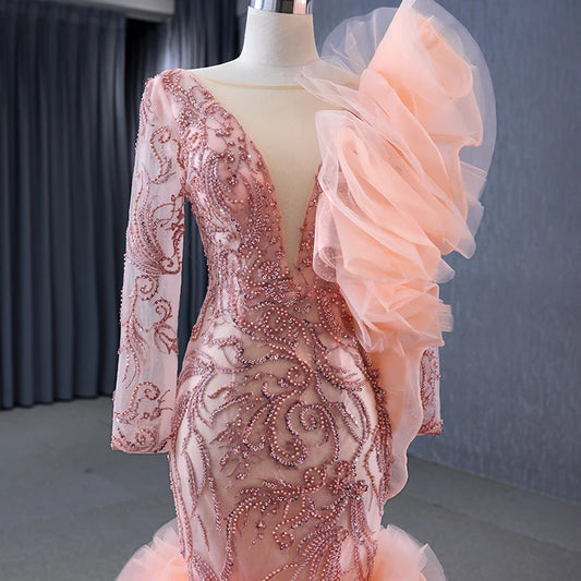 Btydress Light Orange Deep-V Ruffle Long Sleeve Sequins Evening Party Mermaid Gowns Dresses 222146
