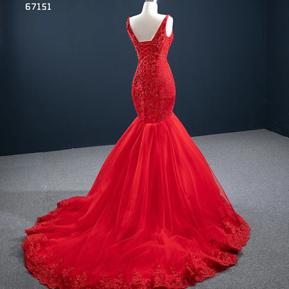 Beaded Red Mermaid Prom Dresses Plunging V-neck Formal Dress 67151