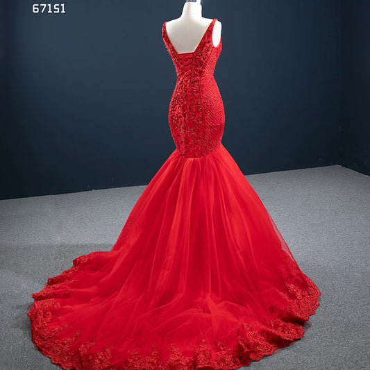 Beaded Red Mermaid Prom Dresses Plunging V-neck Formal Dress 67151