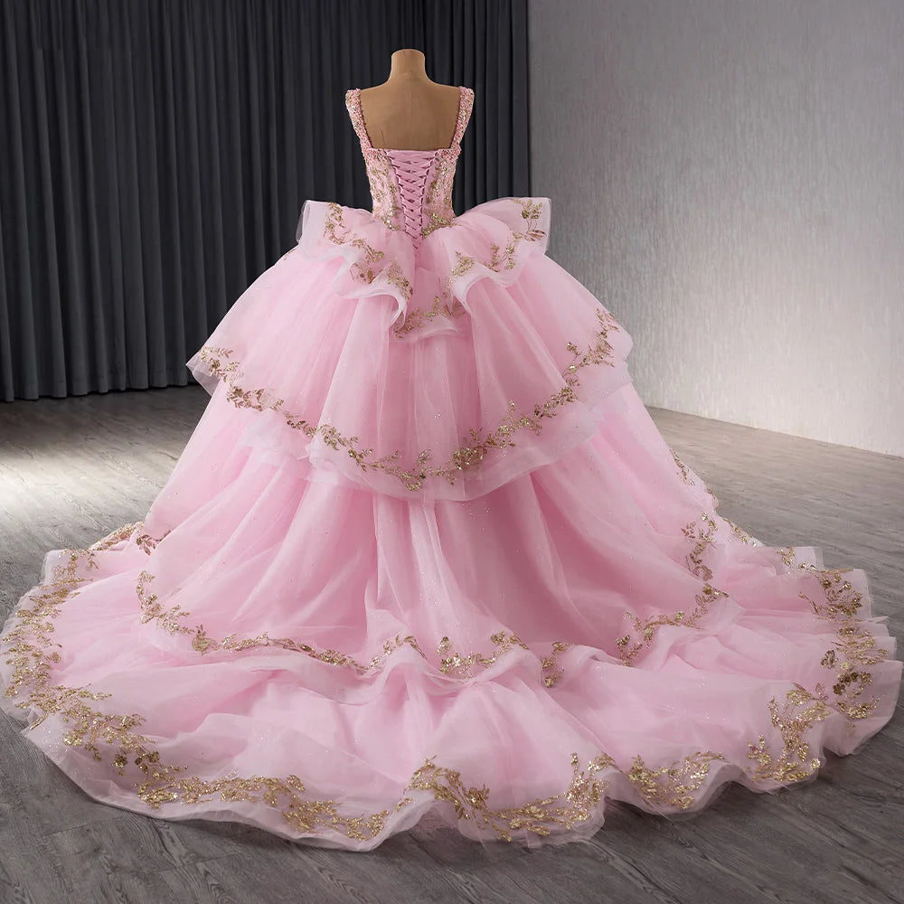 Light Pink Sleeveless Sparkle Quinceañera Dress with Gold Lace 241090