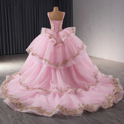 Light Pink Sleeveless Sparkle Quinceañera Dress with Gold Lace 241090