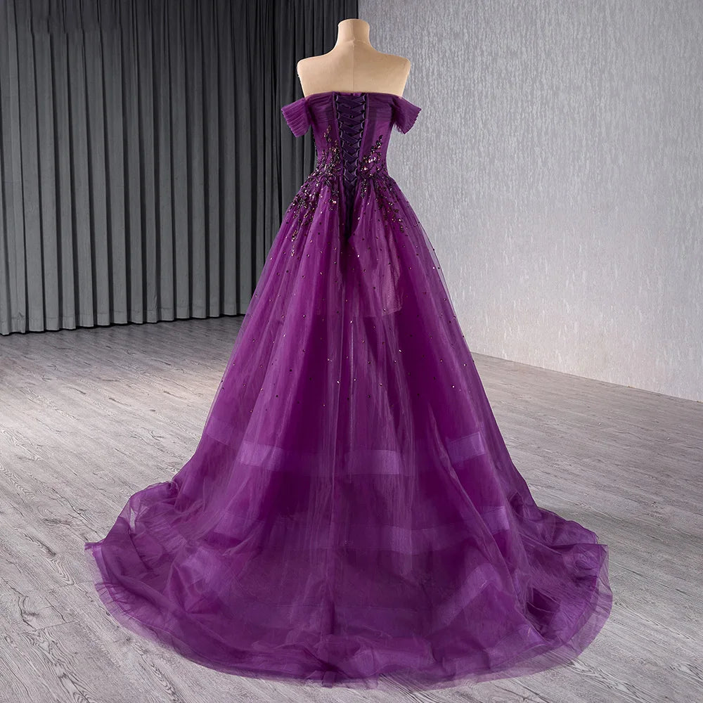 Elegant Purple Off Shoulder A-line Evening Formal Beaded Dresses