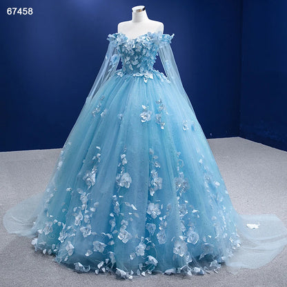 Baby Blue Flower Quince Dresses Princess Ball Gown with Cape 67458