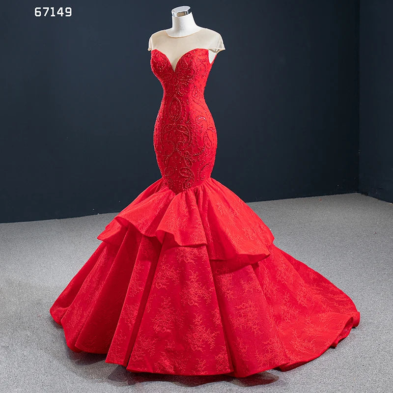 Illusion Shoulder Red Mermaid Wedding Dresses Beaded Prom Dress 67149