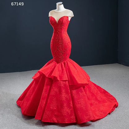 Illusion Shoulder Red Mermaid Wedding Dresses Beaded Prom Dress 67149