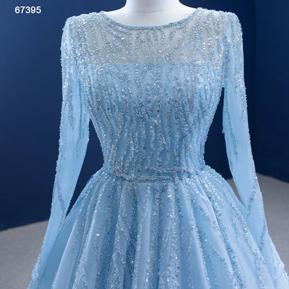 Btydress Beaded Baby Blue A-line Prom Dresses with Sleeves 67395