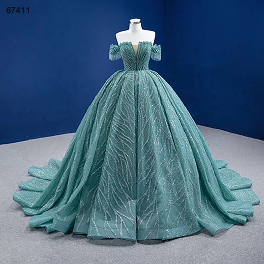 Btydress Luxury Green Long Train V-neck Off the Shoulder Evening Dresses 67411