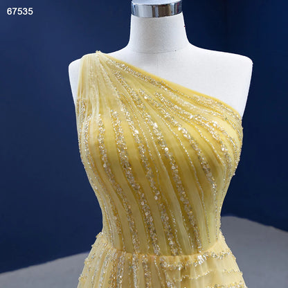 One Shoulder Yellow Prom Beaded Pageant Gown Formal Dresses 67535
