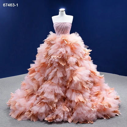 Blush Pink Ruffled Wedding Dress Vintage Strapless Ball Gown 67463