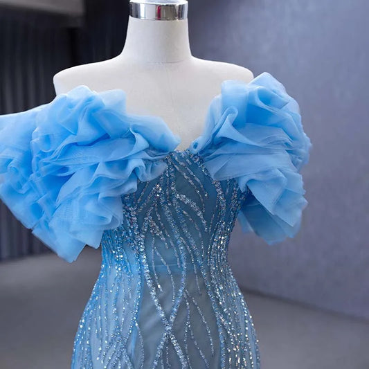 Btydress Chic Elegant Off the Shoulder Blue Mermaids Evening Party Dress 222172