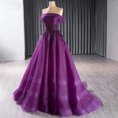 Elegant Purple Off Shoulder A-line Evening Formal Beaded Dresses
