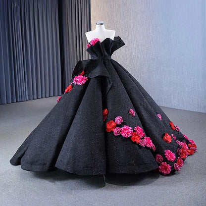 Btydress Black Luxury Sleeveless Flower Ball Women's Quinceanera Dress 67547