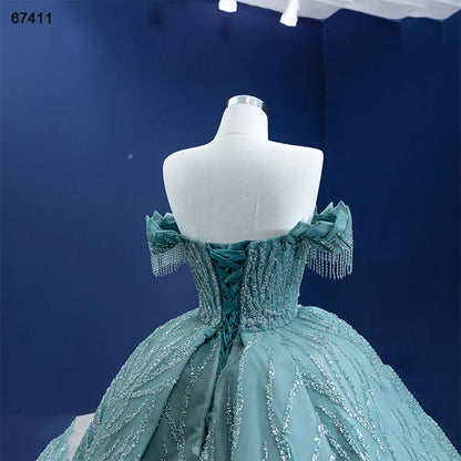 Btydress Luxury Green Long Train V-neck Off the Shoulder Evening Dresses 67411