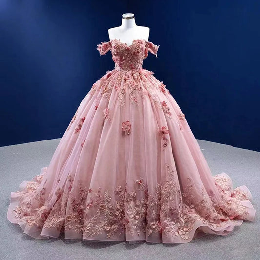 Btydress Off Shoulder Elegant Flower Fashion  Pink Party Evening Ball Gown Dresses 67469
