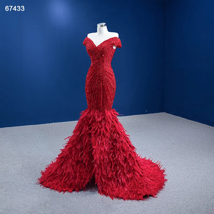 Sparkly Red Feather Formal Gown Sequin Prom Pageant Dress 67433