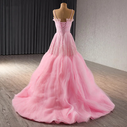 Chic Ruffles Beading Pleats A-line Pink Evening Formal Party Dresses