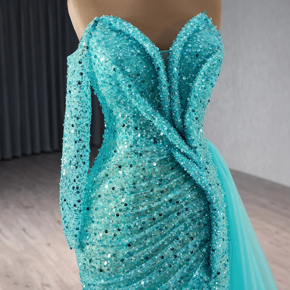 Off the Shoulder One Sleeve Beaded Sequince Mermaid Dress 241073