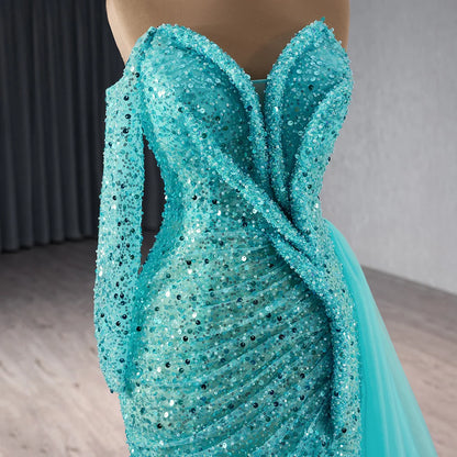 Off the Shoulder One Sleeve Beaded Sequince Mermaid Dress 241073