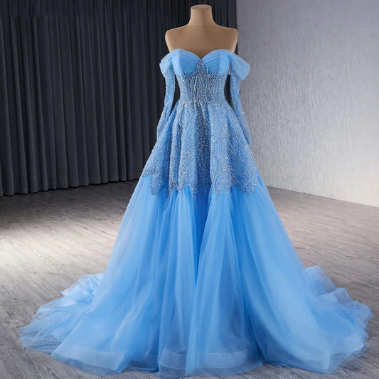 Luxury Sweetheart Sequins Blue Evening Prom Gowns Dresses 241072