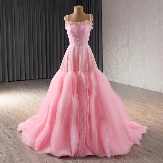 Chic Ruffles Beading Pleats A-line Pink Evening Formal Party Dresses