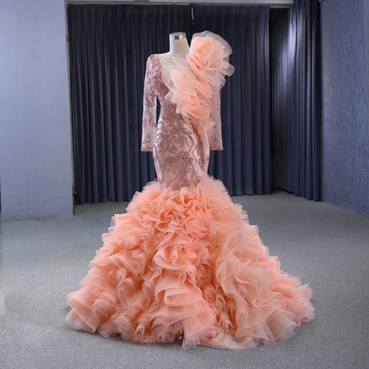 Btydress Light Orange Deep-V Ruffle Long Sleeve Sequins Evening Party Mermaid Gowns Dresses 222146