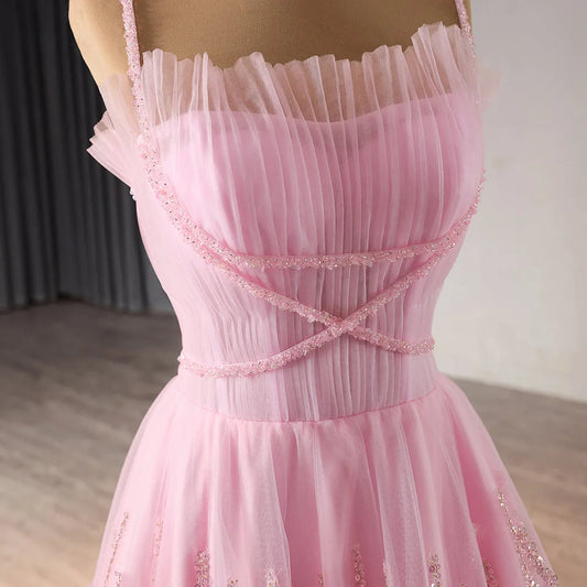 Chic Ruffles Beading Pleats A-line Pink Evening Formal Party Dresses