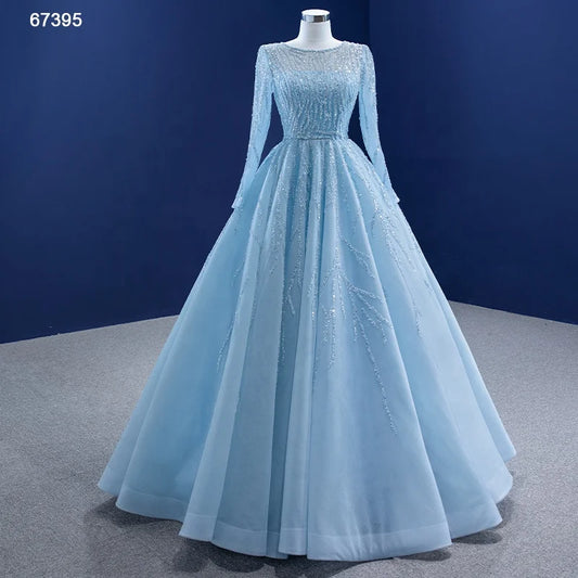 Btydress Beaded Baby Blue A-line Prom Dresses with Sleeves 67395