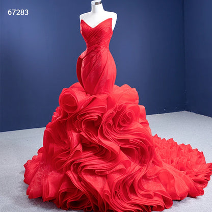 Strapless Red Mermaid Wedding Dresses Ruffled Rosette Pageant Gown 67283
