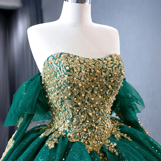 Btydress Green Off Shoulder Sequin Pearls Luxury Ball Gown Evening Dress 231041
